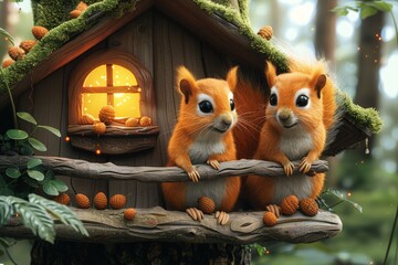 Squirrels sitting on tree branch
