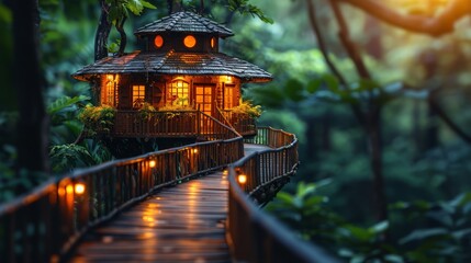   A tree house in the forest, accessed via a lit lantern-adorned walkway - obrazy, fototapety, plakaty