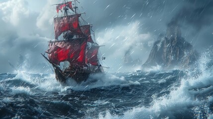 Fototapeta premium A pirate ship in the middle of a vast ocean, surrounded by water, features a mountainous backdrop