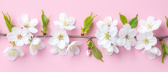   A tree branch with white blooms and green foliage against a pink backdrop, viewed from above in a flat layout