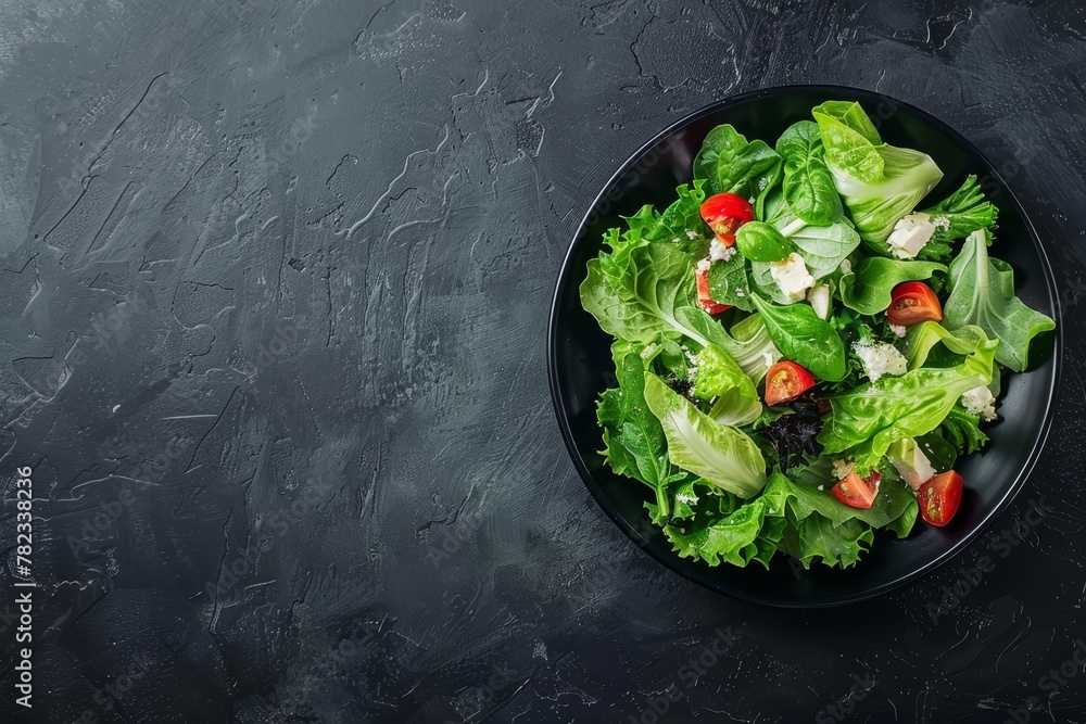 Sticker top view of caesar salad on black table space for text