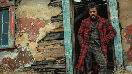   A man in a red and black plaid coat stands before an old building's doorway, where a broken window frames him