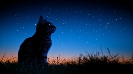   A cat sits in the grass, gazing at the night sky, stars gleaming behind