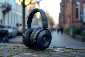 Stylish wireless headphones resting on ground - obrazy, fototapety, plakaty