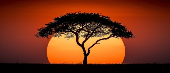   A tree silhouettes against the sunset backdrop, its location being the heart of an open field The sun sets behind this solitary tree, casting its shadow as the foreground'