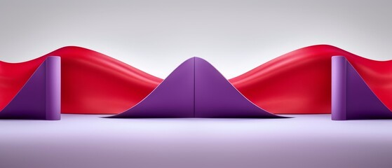   A collection of purple and red forms aligned on a pristine white floor, facing a blank white wall