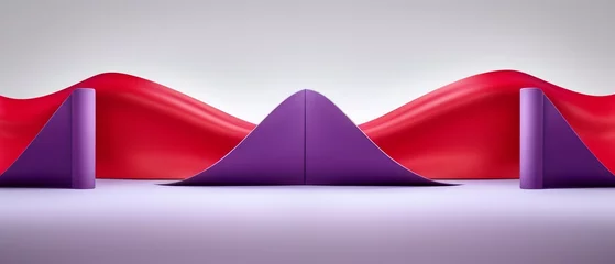 Fotobehang   A collection of purple and red forms aligned on a pristine white floor, facing a blank white wall © Jevjenijs
