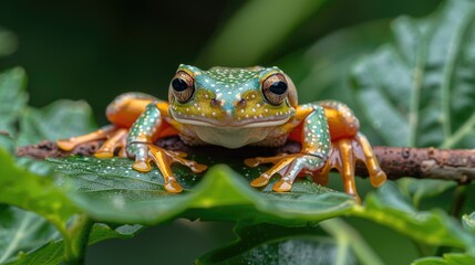 Obraz premium Frog sitting on green leaf