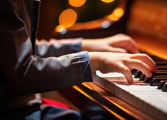 Child pianist playing piano close-up