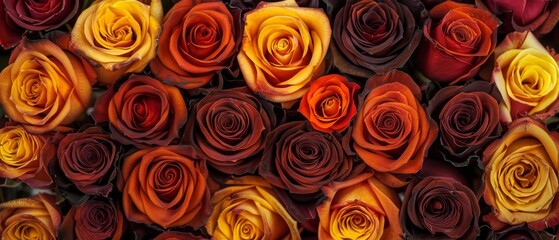   A close-up view of a large arrangement of multicolored roses, with each flower at the forefront