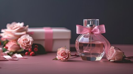 a glass perfume bottle adorned with a delicate pink ribbon and roses, accompanied by a gift box in the background, set against a rich brown backdrop.