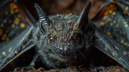   A tight shot of a bat with brown markings on its wings and a black body speckled with yellow spots