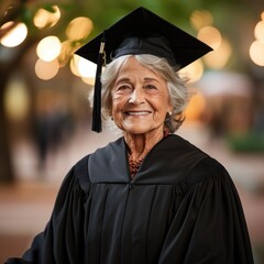 Mature woman in graduation cap and gown