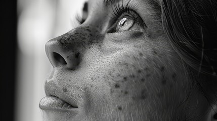   A monochrome image of a woman's face featuring freckles on both her hair and eyes