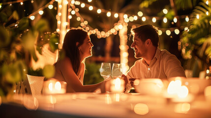 Romantic Dinner Date Under String Lights Outdoors