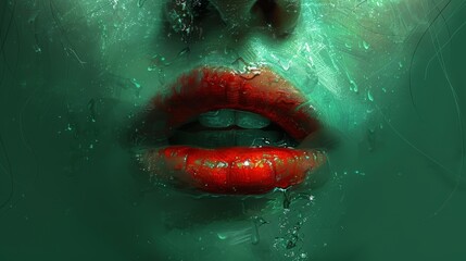   Close-up of a woman's face, drenched in water droplets, lips painted boldly red - obrazy, fototapety, plakaty
