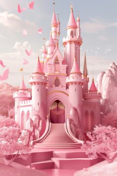 Pink Castle With Staircase Leading Up