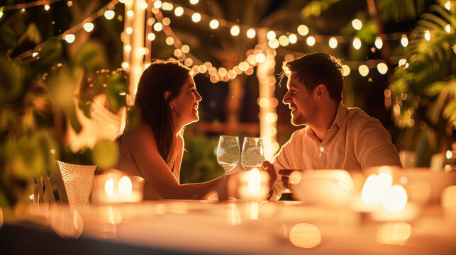 Romantic Dinner Date Under String Lights Outdoors - Powered by Adobe