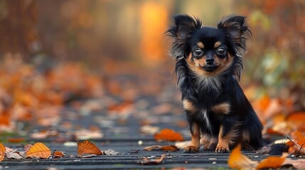   A small dog, black and brown, sits atop a road blanketed by numerous leaf-covered ground elements, nestled beside a forest