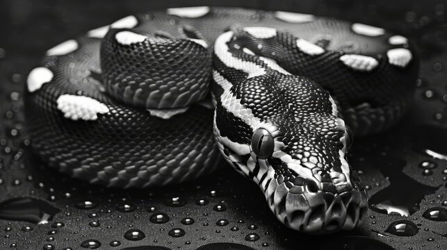   A black-and-white image of a snake on a wet surface with water drops Another black-and-white photo features just the snake