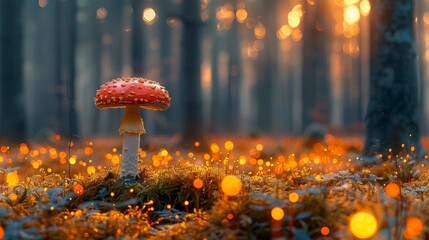   A mushroom nestled among trees, bathed in yellow and orange light filtering through the forest
