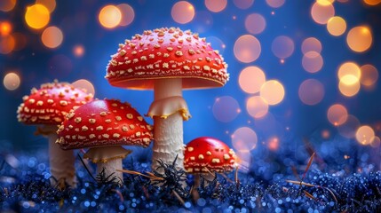   A lush green field dotted with red mushrooms, speckled with blue and gold flecks - obrazy, fototapety, plakaty