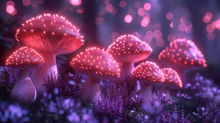 Fototapeta na wymiar A group of mushrooms atop a lush green forest, aglow with pink and purple lights, adjacent to a woodland teeming with purple flower blooms