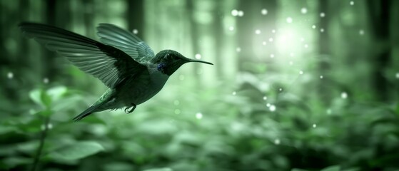 Obraz premium A hummingbird flies through the air, past a lush forest of green plants and trees dripping with raindrops