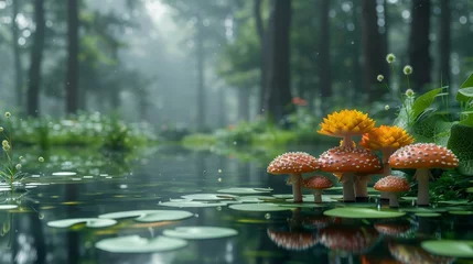 Foto op Canvas   A collection of mushrooms atop a forest pond, surrounded by water lilies © Jevjenijs