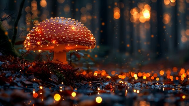   A mushroom with radiant lights atop, situated in a forest, streams of water in the foreground