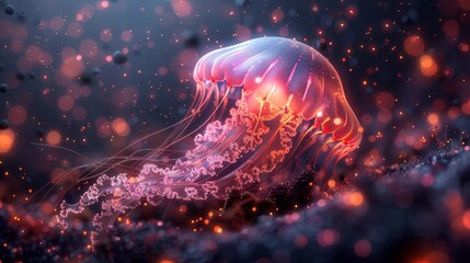   A tight shot of a jellyfish hovering above watery depths, surrounded by numerous bubbles at its base - obrazy, fototapety, plakaty