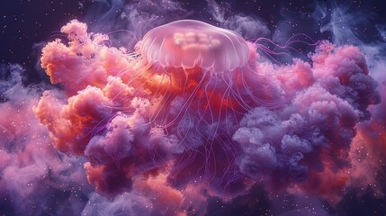   A jellyfish floats in the night sky, enveloped by clouds of pink and purple smoke, with stars surrounding it - obrazy, fototapety, plakaty
