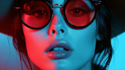  hat conceals her head, sunglasses shield eyes; red light casts on her face - obrazy, fototapety, plakaty
