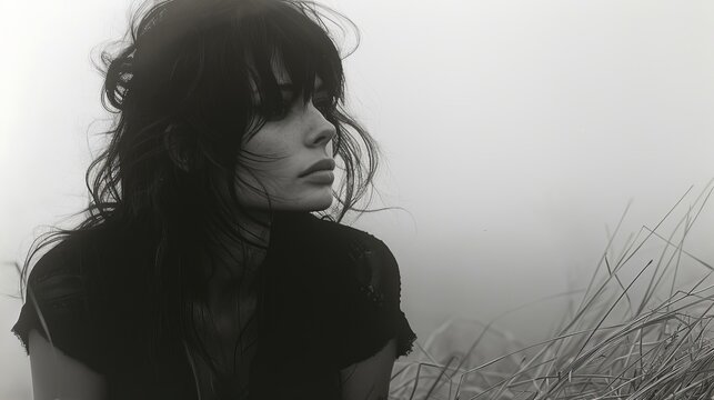   A black-and-white image of a woman with windswept hair amidst tall grass in a field