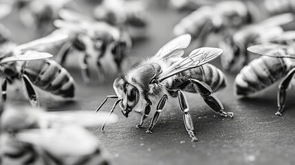   A swarm of bees gathered on a monochromatic floor, their bodies overlapping in a compact cluster - obrazy, fototapety, plakaty
