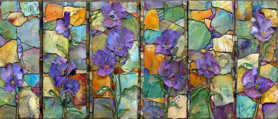   A tight shot of a stained glass pane, adorned with purple and green blooms at its center