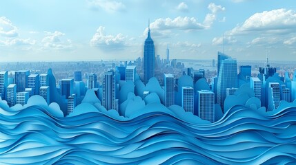   A city painting floats on a body of water, surrounded by a blue sky dotted with clouds