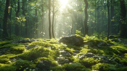  The sun penetrates the verdant forest, where trees allow its rays to filter through, moss blankets the ground beneath, and rocks dot the foreground - obrazy, fototapety, plakaty