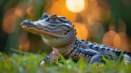   A tight shot of a small alligator amidst a sea of grass, featuring a bolt of light in the backdrop - obrazy, fototapety, plakaty