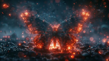   A butterfly resting on the ground with radiant light emanating from its wings - obrazy, fototapety, plakaty