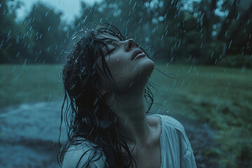 Girl on the street under Dodge, drops of water dripping directly onto the woman's face