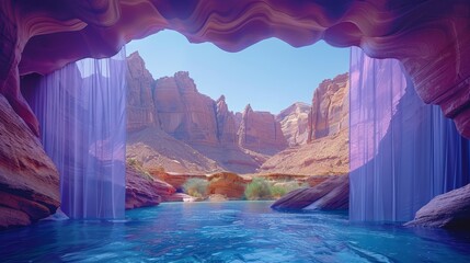   A cavern concealing a water body, framed by mountains, faces another water expanse ahead - obrazy, fototapety, plakaty