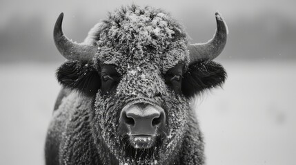   A monochrome image of a bison covered in snow on its face and horns