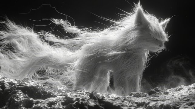  A black-and-white image of a longhaired cat perched on a rock, its fur ruffled, standing stance