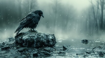 Obraz premium A black bird perches atop a rock, surrounded by a puddle's reflective expanse Trees form the backdrop behind this scene