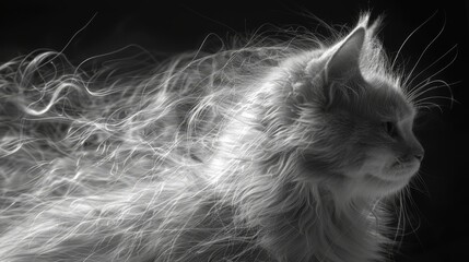   A black-and-white image of a long-haired cat gazing off to the side