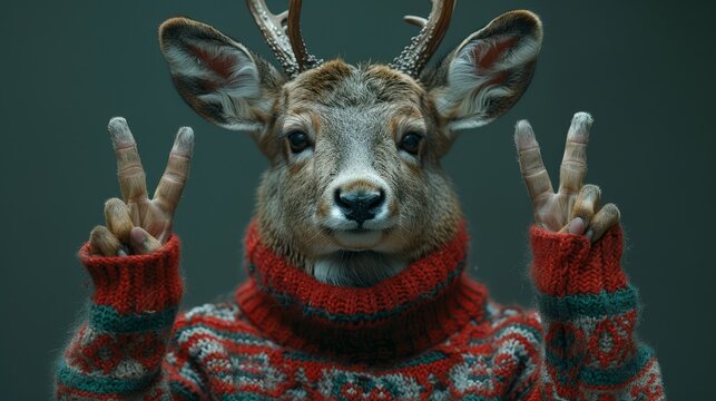   A tight shot of an individual donning a sweater adorned with deer antlers, raising their hands