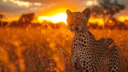  A cheetah silhouetted against a setting sun, amidst tall grass