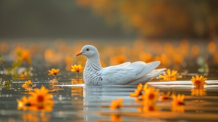   A white duck floats atop tranquil water, encircled by a riot of yellow and red blooms Amidst the scene, a foggy veil desc - obrazy, fototapety, plakaty