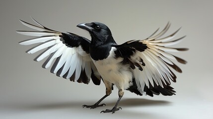 Obraz premium A black-and-white bird with its wings spread wide